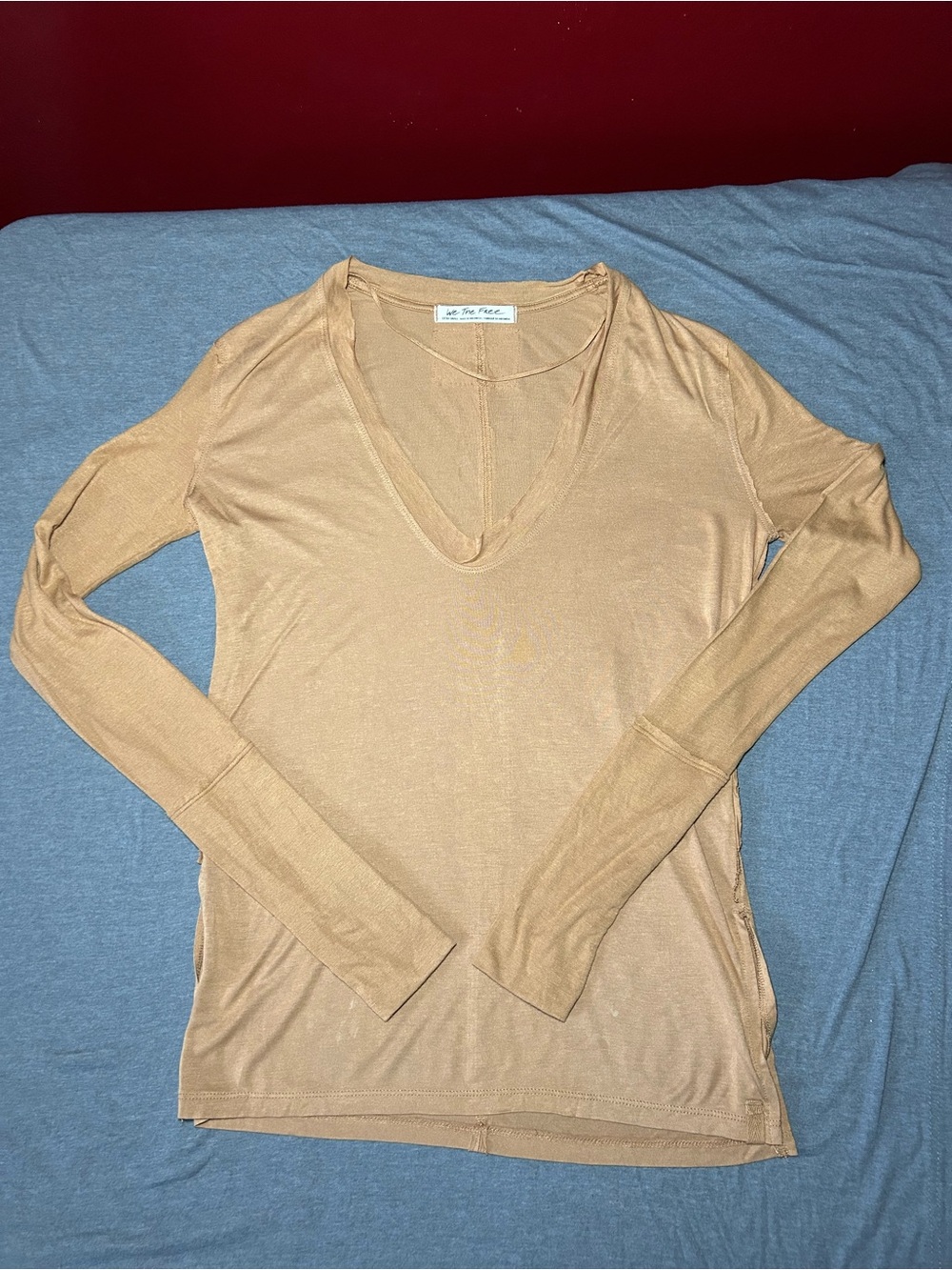 Free People We The Free Lightweight V-Neck Long Sleeve Top in Camel